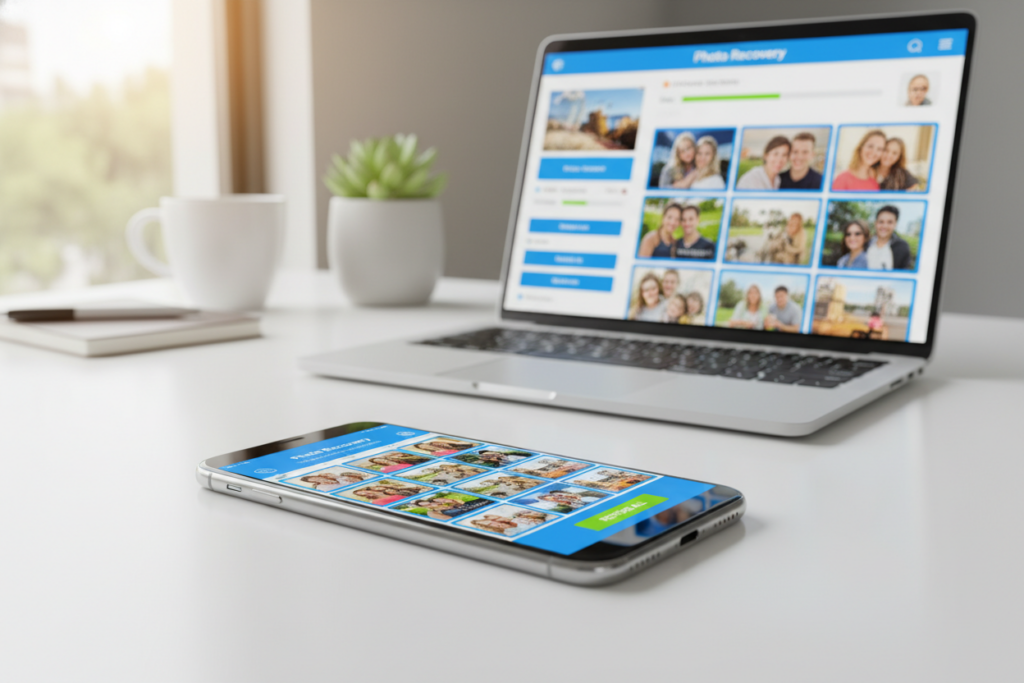 A sleek and modern smartphone displaying a Photo Recovery app interface on its screen, set against a clean, minimalist workspace. The foreground features the phone, angled slightly to reveal a vibrant app design with colorful thumbnails of recovered images. In the middle, a laptop is partially visible, showcasing a similar app on its display, emphasizing the cross-platform nature of the recovery service. The background has soft, blurred elements such as a potted plant and a coffee mug, giving a warm, inviting atmosphere. The lighting is bright and natural, creating an optimistic and professional mood, as if inviting users to reclaim their lost memories effortlessly. The composition should feel balanced and harmonious, focusing on the technology and its usability.