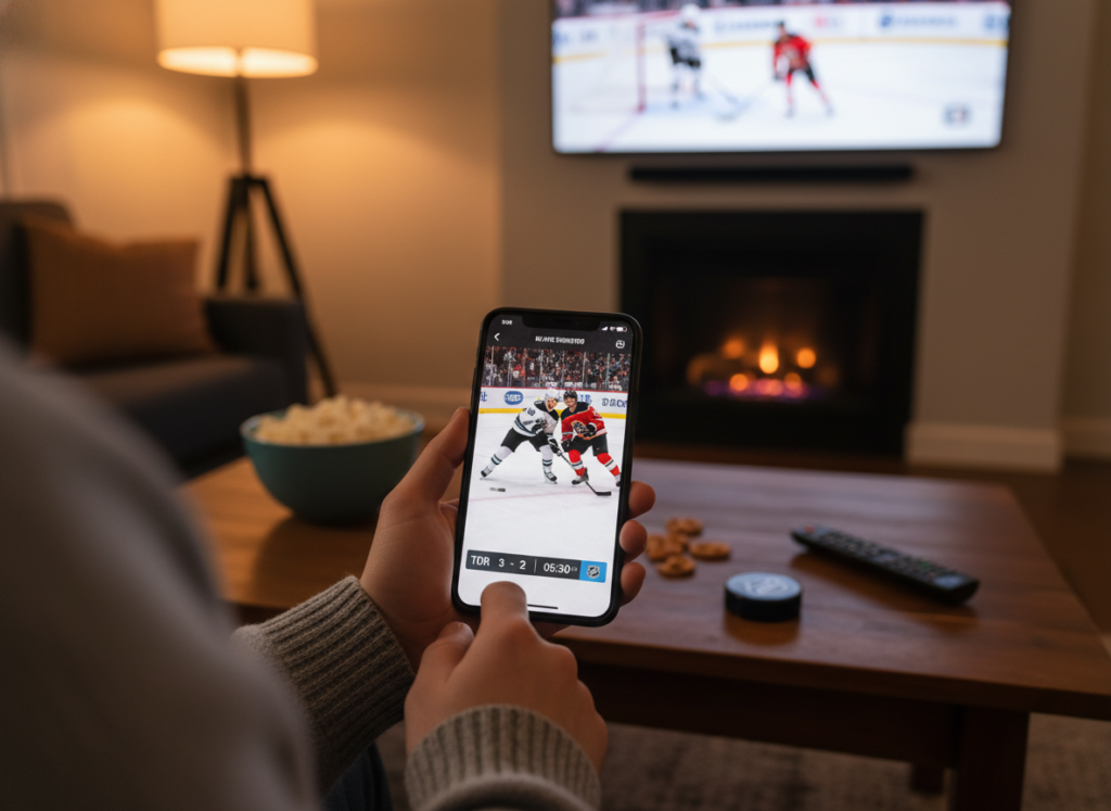 A sleek mobile phone displaying an NHL live streaming app on its screen, set against a backdrop of a cozy living room filled with soft lighting. In the foreground, a person wearing casual, comfortable clothing sits on a sofa, intensely focused on the game, with their hand resting on the phone. The middle ground showcases a coffee table with snacks and a hockey puck, enhancing the atmosphere of an engaging viewing experience. In the background, a wall-mounted TV is subtly blurred, showing scenes of a hockey game. The overall mood is energetic and relaxed, emphasizing the excitement of watching NHL games online. The composition features natural lighting that creates a warm, inviting environment, captured from a slightly elevated angle for depth. A sleek mobile phone displaying an NHL live streaming app on its screen, set against a backdrop of a cozy living room filled with soft lighting. In the foreground, a person wearing casual, comfortable clothing sits on a sofa, intensely focused on the game, with their hand resting on the phone. The middle ground showcases a coffee table with snacks and a hockey puck, enhancing the atmosphere of an engaging viewing experience. In the background, a wall-mounted TV is subtly blurred, showing scenes of a hockey game. The overall mood is energetic and relaxed, emphasizing the excitement of watching NHL games online. The composition features natural lighting that creates a warm, inviting environment, captured from a slightly elevated angle for depth.