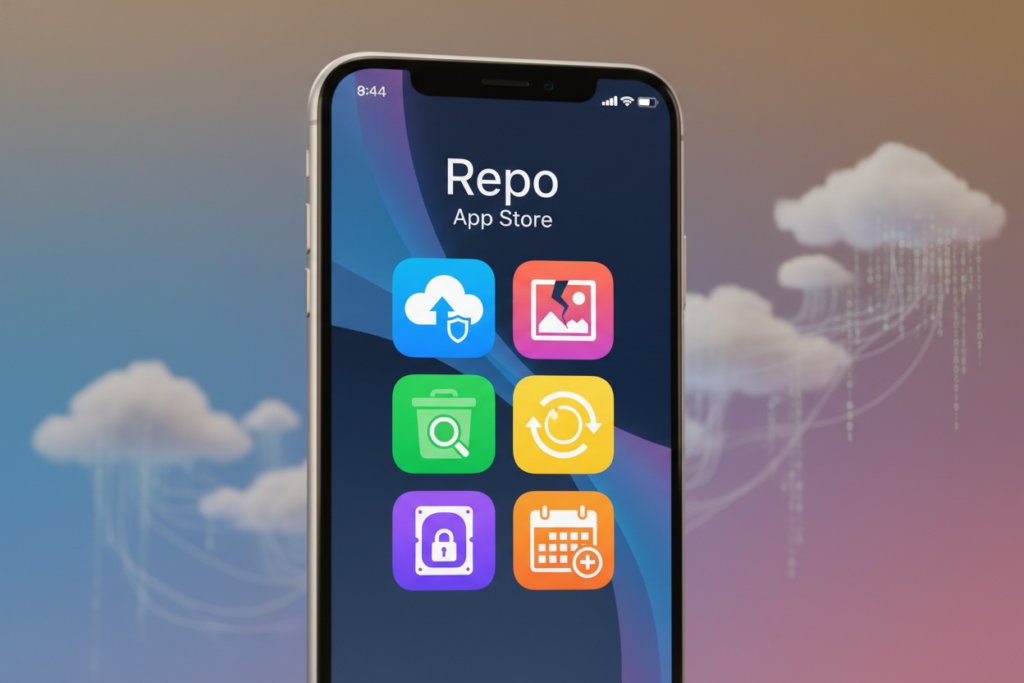 A sleek, modern app store interface titled "Repo App Store" centered in the foreground, showcasing a vibrant grid of colorful app icons representing backup and photo recovery applications on a soft gradient background. The middle ground features a stylized iPhone displaying the app store screen, angled slightly to highlight its features, with gentle reflections suggesting a glass finish. The background is softly blurred with subtle hints of cloud storage imagery, symbolizing data backup. Warm, inviting lighting illuminates the scene, evoking a sense of security and reliability. This image should convey a professional yet approachable atmosphere, perfect for the concept of recovering lost iPhone photos effortlessly. No text or logos are present, ensuring clarity and focus on the visuals.
