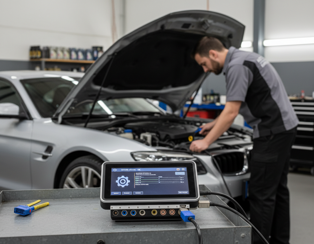 A sleek, modern automotive digital scanner prominently displayed in the foreground. The scanner features a bright LED screen showing diagnostic data, surrounded by various ports and connectors, specifically highlighting an OBD2 connection. In the middle ground, a mechanic in professional attire is attentively inspecting a car, using the scanner to analyze data from the vehicle's onboard computer system. The background features a well-lit garage environment with tools and automotive parts neatly organized, creating an atmosphere of professionalism and innovation. Soft, diffused lighting from overhead fluorescents enhances the focus on the scanner and mechanic, while a shallow depth of field blurs the background slightly, emphasizing the action of scanning the vehicle. The overall mood is technical, efficient, and focused on automotive diagnostics.