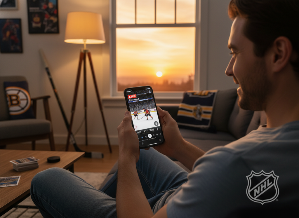 A smartphone displaying a vibrant and engaging NHL streaming interface, prominently featuring the league's logo in the foreground. In the middle ground, a person casually dressed in a comfortable T-shirt and jeans, enthusiastically watching the game, with a focused expression. Surrounding them are sports memorabilia like a hockey stick and a puck, emphasizing the sport's atmosphere. In the background, a cozy room setup with a couch, soft lighting emanating from a floor lamp, and a window showcasing a soft evening glow. The mood is lively and exciting, capturing the thrill of watching NHL games for free on mobile devices. The image should be bright and inviting, highlighting the connection between the viewer and their favorite sport. A smartphone displaying a vibrant and engaging NHL streaming interface, prominently featuring the league's logo in the foreground. In the middle ground, a person casually dressed in a comfortable T-shirt and jeans, enthusiastically watching the game, with a focused expression. Surrounding them are sports memorabilia like a hockey stick and a puck, emphasizing the sport's atmosphere. In the background, a cozy room setup with a couch, soft lighting emanating from a floor lamp, and a window showcasing a soft evening glow. The mood is lively and exciting, capturing the thrill of watching NHL games for free on mobile devices. The image should be bright and inviting, highlighting the connection between the viewer and their favorite sport.