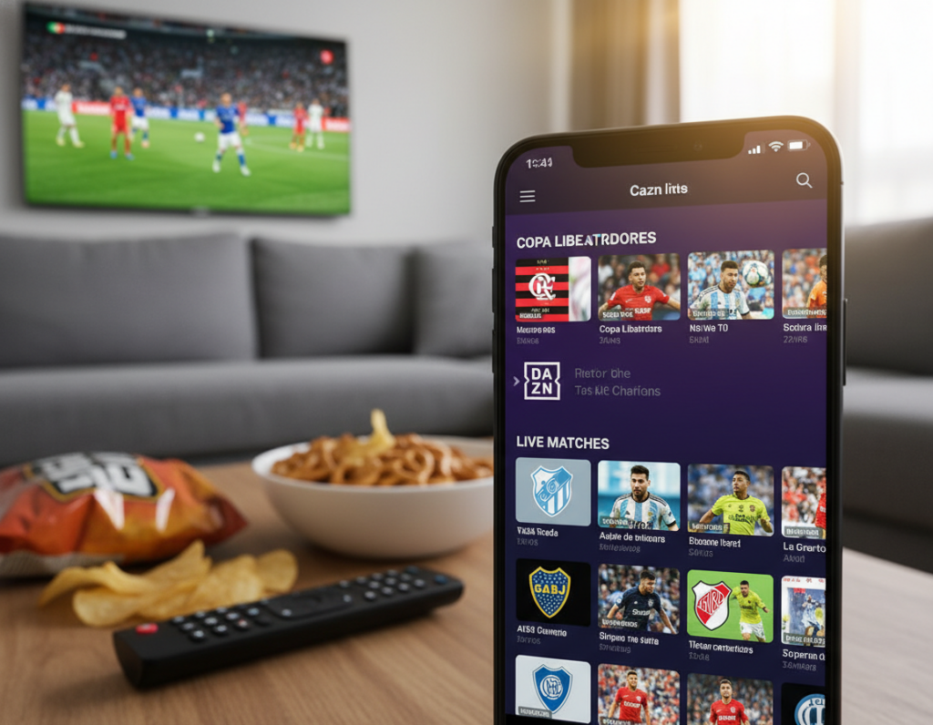 A smartphone displaying the DAZN app interface, set prominently in the foreground. The app screen showcases vibrant, dynamic thumbnails of various soccer matches, featuring iconic players. In the middle ground, a coffee table with a remote control and snacks emphasize a cozy viewing environment. The background features a soft-focus living room with a stylish couch and a wall-mounted LED TV displaying a soccer game in action. Warm, inviting lighting highlights the scene, with a slight lens flare suggesting a sunny afternoon, creating an engaging and exciting atmosphere. The composition should feel modern and lively, appealing to sports fans eager to enjoy the Copa games on their devices.