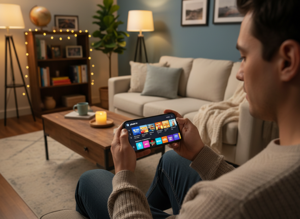 A smartphone displaying the Pluto TV app interface, showcasing a colorful and vibrant streaming menu with various channel options. In the foreground, a person in smart casual clothing is comfortably holding the phone, focused on the screen's content. The middle ground features a cozy living room setup with plush furniture and ambient lighting, creating an inviting atmosphere. In the background, a subtle bookshelf and a potted plant add a touch of homeliness. The image is captured from a slightly elevated angle, with soft, warm lighting illuminating the scene, conveying a sense of relaxation and enjoyment in watching television on a mobile device. The overall mood is cheerful and modern, emphasizing the convenience of mobile streaming.