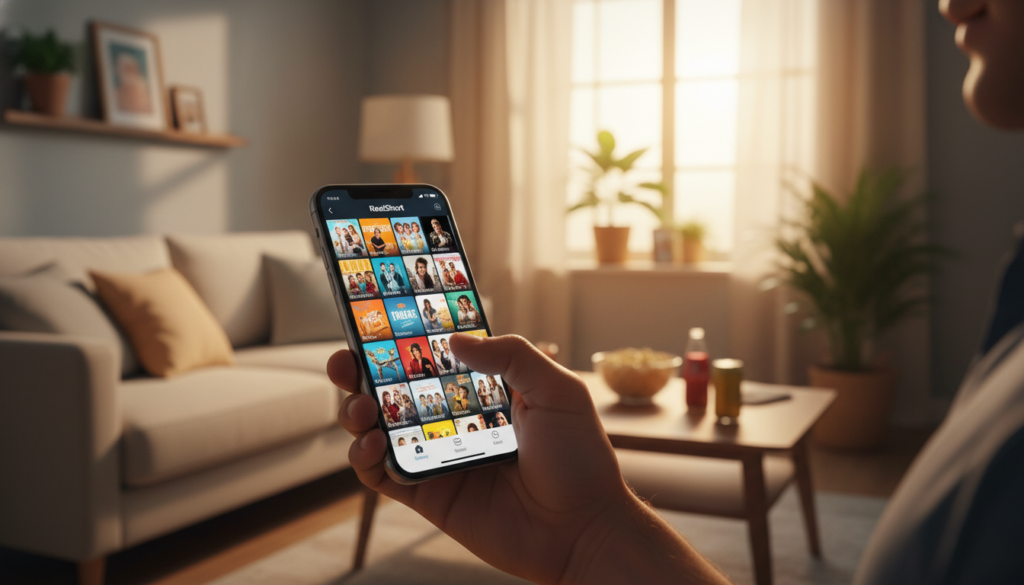 A smartphone displaying the ReelShort app on its screen, showcasing colorful thumbnails of short novela episodes. The foreground features a well-lit hand reaching towards the device, symbolizing accessibility and user engagement. In the middle, a cozy living room setup with a soft couch and a coffee table adorned with snacks creates a relaxed viewing atmosphere. The background features a few decorative items and a window allowing warm, natural sunlight to filter in, casting a gentle glow. The overall mood is inviting and cheerful, emphasizing the ease of watching short novelas at home or on the go. Depth of field focused on the smartphone to highlight the app's interface, with soft bokeh effect in the background.