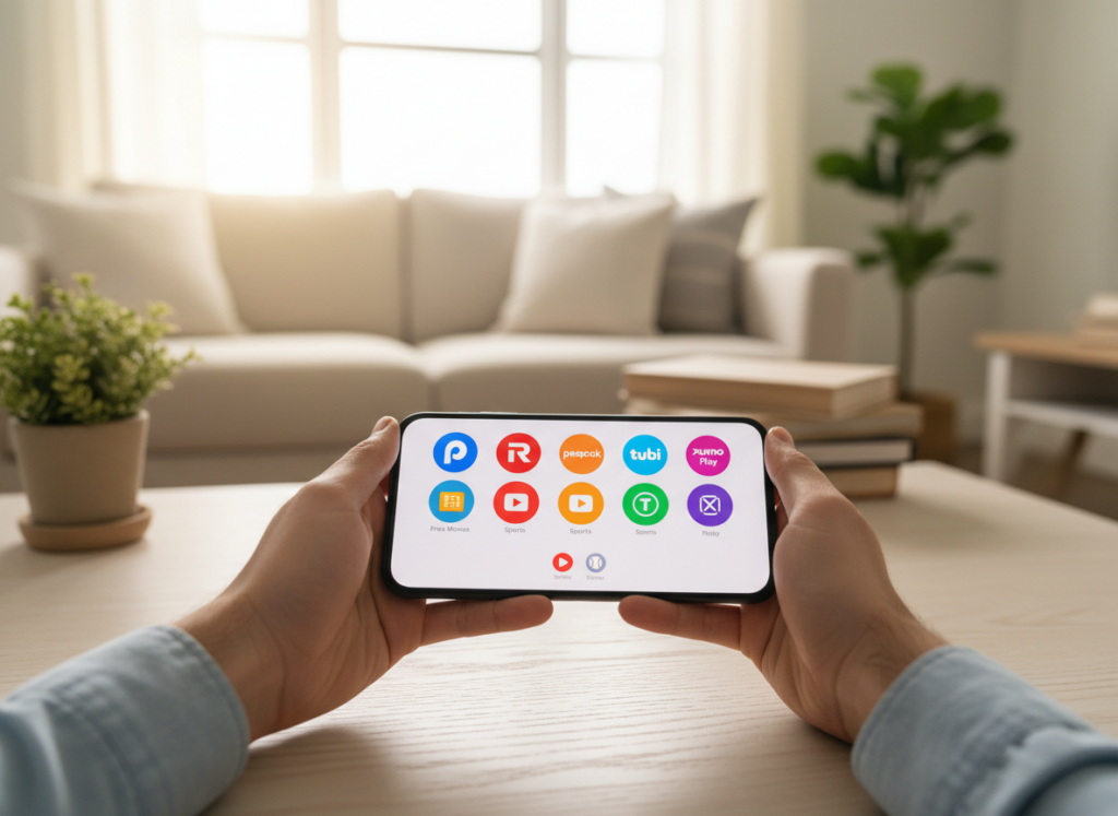 A smartphone lying on a light wooden table displaying vibrant app icons for popular free TV streaming applications. In the foreground, a pair of hands holding the phone, showcasing a colorful and user-friendly interface. In the middle, an array of app icons with distinctive designs, hinting at various genres like movies, series, and live sports. The background features a cozy living room environment, softly lit with warm natural light coming through a window, creating a comfortable atmosphere. The overall mood is inviting and modern, emphasizing innovation and accessibility in mobile entertainment. The image should be clear and well-focused, inviting viewers to explore the options available for watching TV for free on their phones.