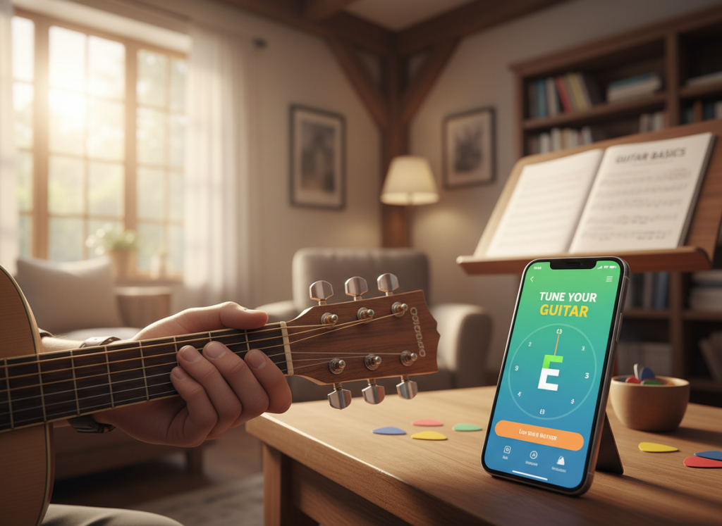 A step-by-step guide image for tuning a guitar, set in a cozy, well-lit room. In the foreground, a close-up of a person’s hands skillfully adjusting the tuning pegs on an acoustic guitar, showcasing precision and care. The middle ground features a smartphone displaying a free guitar tuning app, with vibrant colors and an easy-to-navigate interface. In the background, soft natural light filters through a window, illuminating a music stand with sheet music and an assortment of guitar picks. Warm wood tones dominate the scene, creating a relaxed and inviting atmosphere. The composition emphasizes clarity and focus on the tuning process, conveying a sense of learning and creativity.