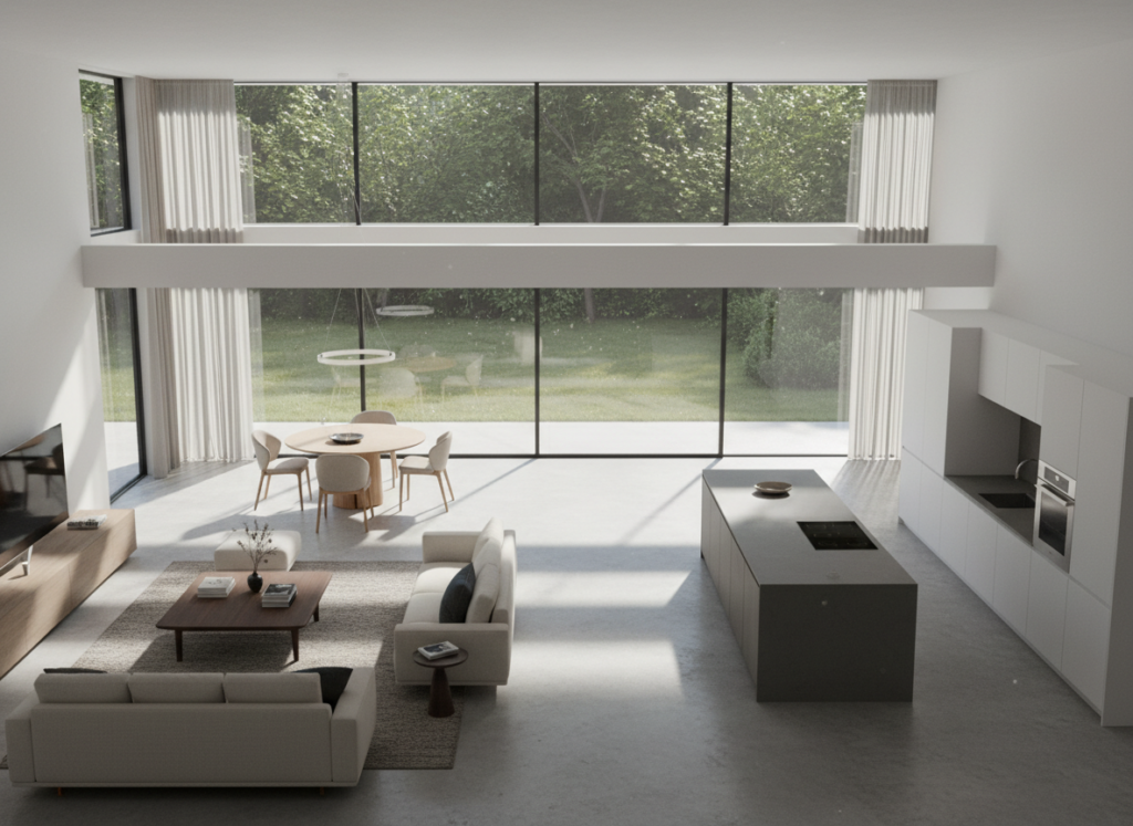 A stunning 3D architectural visualization of a house floor plan, depicted in a modern and minimalist style. The foreground features detailed interior spaces, including a living room with stylish furniture, a kitchen with sleek appliances, and a cozy dining area. The middle layer showcases open spaces that seamlessly connect, highlighting the flow and functionality of the design. The background reveals large windows that let in natural sunlight, creating an inviting atmosphere. Soft ambient lighting enhances the aesthetic, showcasing textures and colors. The perspective is from a slightly elevated angle, offering a comprehensive overview of the layout. The overall mood is professional and inspiring, ideal for illustrating the benefits of creating a 3D house plan before construction. A stunning 3D architectural visualization of a house floor plan, depicted in a modern and minimalist style. The foreground features detailed interior spaces, including a living room with stylish furniture, a kitchen with sleek appliances, and a cozy dining area. The middle layer showcases open spaces that seamlessly connect, highlighting the flow and functionality of the design. The background reveals large windows that let in natural sunlight, creating an inviting atmosphere. Soft ambient lighting enhances the aesthetic, showcasing textures and colors. The perspective is from a slightly elevated angle, offering a comprehensive overview of the layout. The overall mood is professional and inspiring, ideal for illustrating the benefits of creating a 3D house plan before construction.