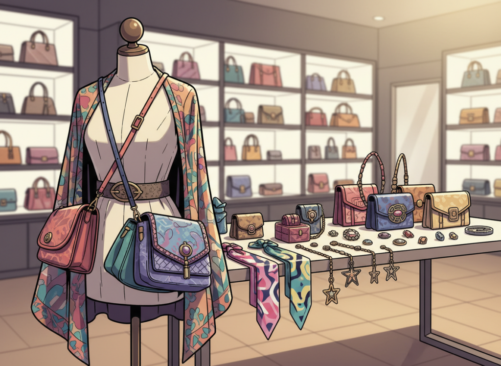 A vibrant and dynamic illustration showcasing a variety of stylish shoulder, waist, and back accessories, laid out creatively on a bright, modern display. Foreground features a mannequin adorned with an array of colorful bags slung over the shoulder, a fashionable belt cinching the waist, and an elegant cape draping down the back, showcasing unique designs and textures. In the middle, a table displays smaller accessories like scarves, charms, and brooches, all artfully arranged. The background includes shelves filled with various accessory options, softly blurred to create depth. The lighting is bright and cheerful, reminiscent of a well-lit boutique, enhancing the textures and colors. The overall mood is playful yet sophisticated, ideal for inspiring readers to explore diverse accessory styles.