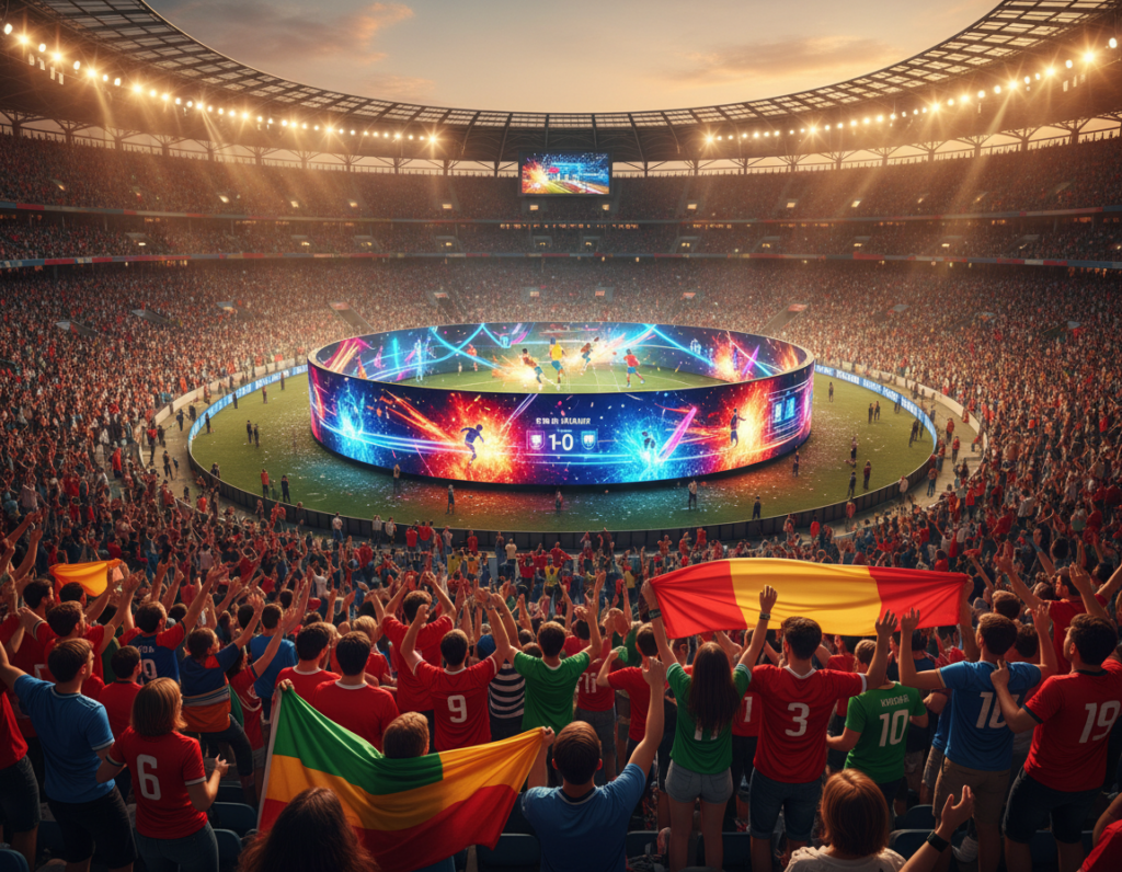 A vibrant and dynamic scene capturing the excitement of a soccer stadium filled with fans watching an AI-generated video on a large screen. In the foreground, diverse fans are dressed in colorful jerseys and waving flags, showcasing a range of nationalities. In the middle ground, an enormous digital screen displays lively highlights of soccer matches, with bright colors and animated graphics. The background features cheering crowds under dazzling stadium lights, creating an electric atmosphere. The lighting is bright and enthusiastic, casting a warm glow over the scene, emphasizing the camaraderie among fans. The camera angle is slightly elevated to showcase both the fans and the screen, creating a sense of depth and immersion. The mood is celebratory and energetic, reflecting the spirit of a soccer match day.