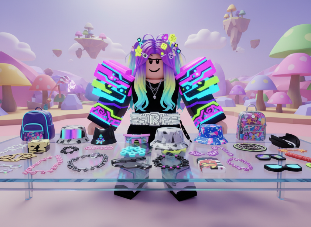 A vibrant and dynamic scene showcasing the latest trends in Roblox accessories, featuring a stylish character wearing a mix of shoulder, waist, and hair accessories. In the foreground, focus on the character adorned with colorful, eye-catching shoulder pads, a sleek waist belt, and an innovative hairstyle embellished with playful hair clips. The middle ground displays a variety of trendy accessories laid out on a table, including necklaces, hats, and bags, emphasizing the diversity in current Roblox fashion. The background includes a whimsical Roblox-themed environment with bright colors, playful shapes, and soft lighting that creates an inviting and trendy atmosphere. The overall composition should convey a sense of fun and creativity, suitable for the exciting world of Roblox fashion trends.