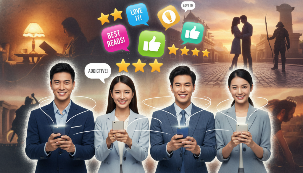 A vibrant and engaging digital collage illustrating user reviews and opinions. In the foreground, show diverse individuals, dressed in professional business attire, smiling while holding their smartphones, radiating enthusiasm. In the middle ground, depict an array of colorful app icons and rating stars, hinting at various user feedback. The background should feature a soft-focus montage of popular short novel scenes with warm lighting to create an inviting atmosphere. Utilize a slightly elevated perspective to convey depth, and ensure the composition feels lively and positive, reflecting a sense of community and shared experiences. The overall mood should evoke satisfaction and optimism.