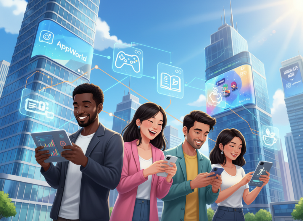 A vibrant and engaging digital illustration depicting the functionalities and benefits of mobile apps. In the foreground, showcase a group of diverse individuals, dressed in smart casual attire, enthusiastically using smartphones and tablets, highlighting different app interfaces on their screens. In the middle ground, illustrate various app icons representing gaming, education, finance, and lifestyle categories, interconnected with glowing lines symbolizing network connectivity. The background should feature a sleek urban environment with modern buildings, large screens displaying app advertisements, and a clear blue sky. The lighting is bright and cheerful, conveying a sense of excitement and innovation. The overall mood is dynamic and inspiring, showcasing the convenience and advantages that apps offer to users. A vibrant and engaging digital illustration depicting the functionalities and benefits of mobile apps. In the foreground, showcase a group of diverse individuals, dressed in smart casual attire, enthusiastically using smartphones and tablets, highlighting different app interfaces on their screens. In the middle ground, illustrate various app icons representing gaming, education, finance, and lifestyle categories, interconnected with glowing lines symbolizing network connectivity. The background should feature a sleek urban environment with modern buildings, large screens displaying app advertisements, and a clear blue sky. The lighting is bright and cheerful, conveying a sense of excitement and innovation. The overall mood is dynamic and inspiring, showcasing the convenience and advantages that apps offer to users.