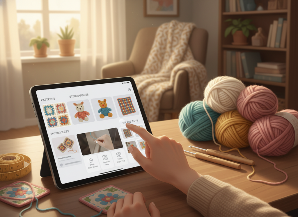 A vibrant and engaging illustration showcasing the unique features of crochet apps on a digital device. In the foreground, a smartphone displays a colorful interface of a crochet app, highlighting features like pattern tutorials, stitch guides, and project management tools. Beside it, a pair of hands in modest casual clothing is interacting with the screen, tapping on icons and swiping through bright images of crochet patterns. In the middle ground, a cozy workspace adorned with crochet supplies like yarns, hooks, and completed projects creates an inviting atmosphere. The background features a softly lit room with warm colors, enhancing a creative and inspiring mood. Use warm, natural lighting that highlights the textures of the yarn and the sleekness of the smartphone, captured from a slightly elevated angle for dynamic perspective. A vibrant and engaging illustration showcasing the unique features of crochet apps on a digital device. In the foreground, a smartphone displays a colorful interface of a crochet app, highlighting features like pattern tutorials, stitch guides, and project management tools. Beside it, a pair of hands in modest casual clothing is interacting with the screen, tapping on icons and swiping through bright images of crochet patterns. In the middle ground, a cozy workspace adorned with crochet supplies like yarns, hooks, and completed projects creates an inviting atmosphere. The background features a softly lit room with warm colors, enhancing a creative and inspiring mood. Use warm, natural lighting that highlights the textures of the yarn and the sleekness of the smartphone, captured from a slightly elevated angle for dynamic perspective.