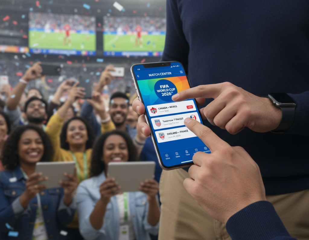 A vibrant and modern smartphone screen displaying the official FIFA World Cup 2026™ app interface. In the foreground, the sleek smartphone is held by a user in smart casual attire, showcasing a user's hand tapping on the colorful app icon. The middle layer features the app interface, designed with bright, engaging colors, featuring match schedules, team logos, and a live score feature, all arranged in an intuitive layout. In the background, a lively atmosphere represents fans watching soccer matches on various devices. Soft lighting creates an upbeat and cheerful mood, highlighting the excitement of the World Cup. The scene captures the essence of feeling connected to the event through technology, emphasizing the convenience of accessing soccer content on mobile devices.