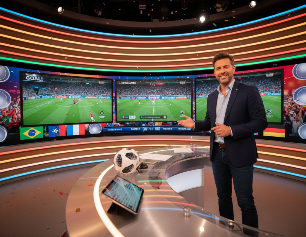 A vibrant broadcast studio setting, capturing the essence of a "live transmission" atmosphere. In the foreground, a professional host, dressed in smart casual attire, stands behind a sleek desk with live streaming equipment. The middle ground features multiple large screens displaying dynamic graphics and highlights from World Cup matches, with a soccer ball subtly placed on the desk. The background is filled with colorful lights and banners representing different nations, creating an energetic ambiance. The scene is illuminated by soft, warm lighting to evoke excitement and engagement, shot from a slightly low angle to emphasize the host’s connection with the audience. The overall mood is energetic and inviting, highlighting the thrill of watching the World Cup live.