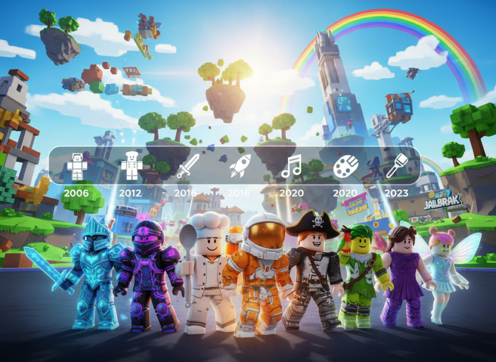 A vibrant collage showcasing the history of Roblox skins. In the foreground, feature a diverse array of character avatars, each displaying unique and colorful outfits, ranging from fantasy-themed costumes to sleek futuristic designs. In the middle ground, add a digital display or timeline that highlights the evolution of these skins over the years, with icons representing different themes and updates. The background should depict a virtual landscape filled with iconic Roblox game elements, like blocky terrains and imaginative environments. The lighting is bright and playful, creating an energetic and engaging atmosphere. Capture the essence of creativity, expression, and community within the Roblox gaming universe. The perspective should be slightly angled, giving depth and a dynamic view of this colorful digital world.
