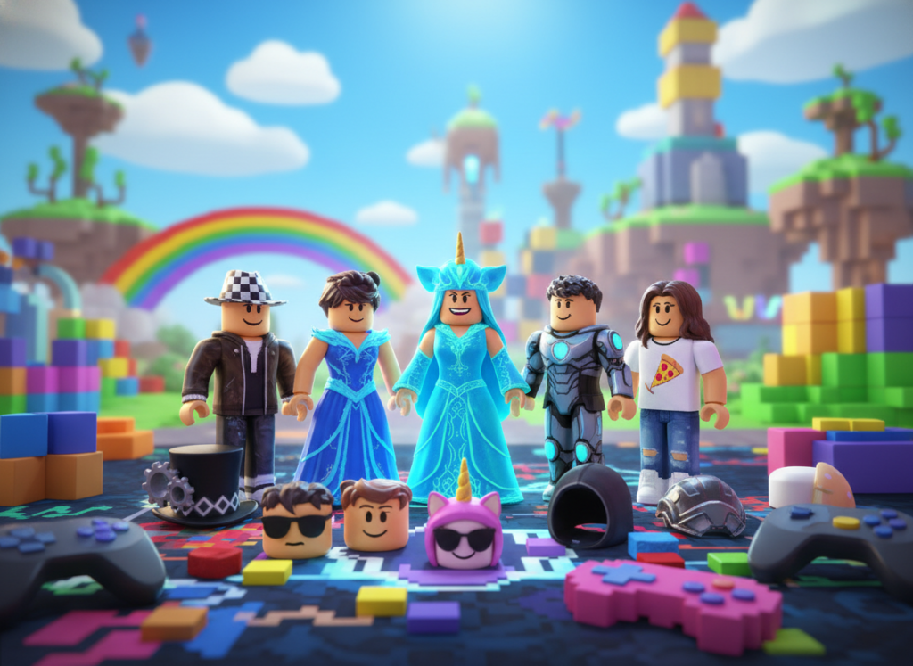A vibrant, colorful digital illustration showcasing a variety of Roblox avatar accessories and clothing. In the foreground, an array of unique hats, facial expressions, and outfits designed for avatars scatter across a playful gaming-themed surface. The middle ground features stylized avatars dressed in imaginative outfits, showcasing the diversity of fashion options available, from casual tees to elaborate costumes. In the background, a whimsical virtual landscape typical of Roblox, with bright colors and cartoonish aesthetics, enhances the playful atmosphere. The scene is brightly lit, giving a cheerful and inviting mood, with a slight depth of field effect to draw focus to the foreground accessories. This image captures the excitement and creativity of customizing Roblox avatars.