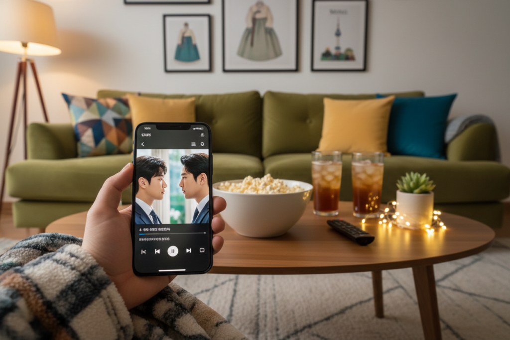 A vibrant, cozy living room scene showcasing a modern smartphone displaying a popular Korean drama app interface. In the foreground, a hand holding the smartphone is visible, with an engaging drama scene on the screen. In the middle, a stylish coffee table cluttered with popcorn, drinks, and a remote control creates a relaxed atmosphere. Soft lighting from a nearby lamp casts a warm glow, enhancing the inviting vibe. In the background, a comfortable couch adorned with colorful cushions sets the scene. Subtle decorations, like framed artwork depicting Korean culture and a potted plant, add a touch of homey charm. The overall mood is cheerful and entertaining, perfect for a night of binge-watching.