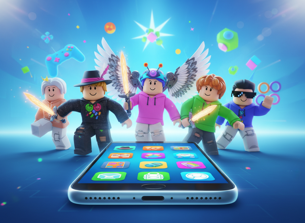 A vibrant digital art scene showcasing a variety of free mobile applications for accessories related to Roblox, ideal for iOS and Android. In the foreground, feature a sleek smartphone displaying colorful app icons representing virtual accessories, such as hats, wings, and other items. The middle ground includes playful, stylized graphics of popular Roblox characters wearing these accessories, illustrated in a friendly, appealing manner. The background is a bright, tech-inspired landscape with blurred outlines of playful digital elements and gaming motifs, enhancing a sense of virtual exploration. Soft, dynamic lighting casts a cheerful and inviting atmosphere, with a slight perspective angle that draws the viewer's eye towards the smartphone. The overall mood is energetic and engaging, celebrating the world of gaming accessories.