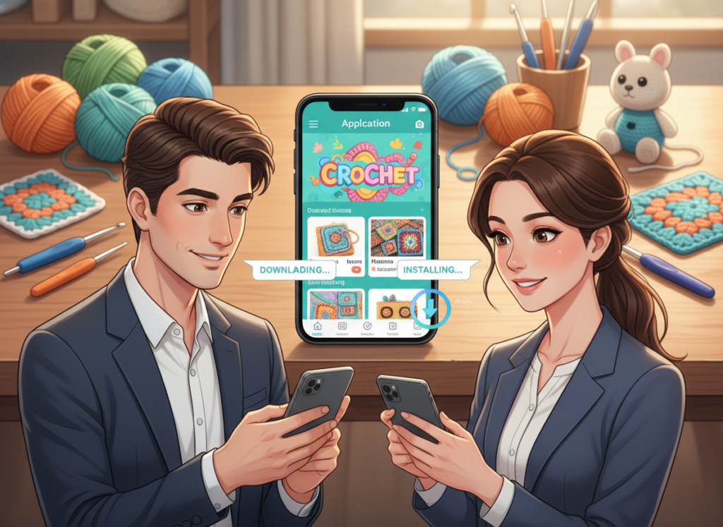 A vibrant digital illustration depicting the process of downloading and installing a crochet application on mobile devices. In the foreground, two well-groomed individuals, one male and one female, are shown focusing on their smartphones, both wearing casual yet professional attire. Their expressions reflect concentration and excitement. The middle ground features a close-up view of a smartphone screen displaying a colorful crochet app interface, showcasing various crochet patterns and tutorials. In the background, a cozy and inviting workspace is highlighted, with crochet supplies like yarn, hooks, and finished projects arranged neatly on a wooden desk. The lighting is bright and warm, creating a welcoming atmosphere. The overall mood should be encouraging and inspiring, inviting viewers to engage with crochet through mobile technology. A vibrant digital illustration depicting the process of downloading and installing a crochet application on mobile devices. In the foreground, two well-groomed individuals, one male and one female, are shown focusing on their smartphones, both wearing casual yet professional attire. Their expressions reflect concentration and excitement. The middle ground features a close-up view of a smartphone screen displaying a colorful crochet app interface, showcasing various crochet patterns and tutorials. In the background, a cozy and inviting workspace is highlighted, with crochet supplies like yarn, hooks, and finished projects arranged neatly on a wooden desk. The lighting is bright and warm, creating a welcoming atmosphere. The overall mood should be encouraging and inspiring, inviting viewers to engage with crochet through mobile technology.