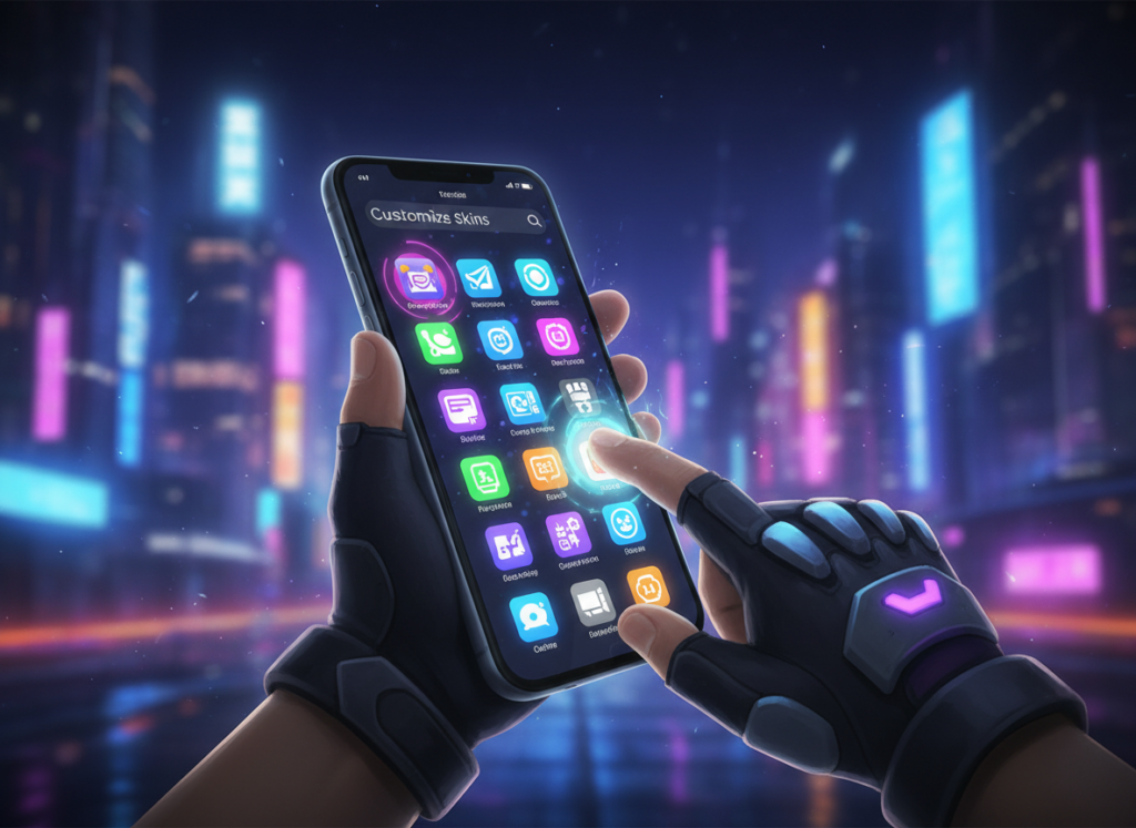 A vibrant digital illustration showcasing a modern smartphone displaying various apps for customizing Roblox skins. In the foreground, the phone’s screen is filled with colorful icons representing free skin applications, highlighted with glowing effects to convey their appeal. The middle layer features a stylized hand reaching out to touch the screen, symbolizing user interaction. In the background, a futuristic cityscape with bright neon colors creates an exciting atmosphere, hinting at the world of gaming. Soft, dynamic lighting enhances the scene, adding depth and focus on the phone. The overall mood is energetic and playful, suitable for gamers eager to personalize their Roblox experience. No text or watermarks should be included.