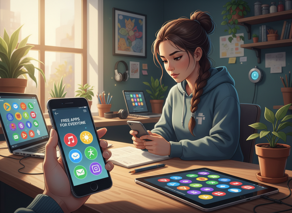 A vibrant digital illustration showcasing a variety of free applications for iOS and Android. In the foreground, display a smartphone with an open app interface, highlighting colorful icons of popular apps. To the side, include a tablet with similar apps visible. In the middle ground, add a casual tech-savvy individual in modest clothing, engaged in using the smartphone, with a focused expression. In the background, depict a lively workspace, with various tech gadgets and plant decor, illuminated by warm natural light. Aim for a friendly and inviting atmosphere, emphasizing accessibility and innovation in mobile technology. The composition should capture the essence of mobile app usability while remaining visually engaging and professional. A vibrant digital illustration showcasing a variety of free applications for iOS and Android. In the foreground, display a smartphone with an open app interface, highlighting colorful icons of popular apps. To the side, include a tablet with similar apps visible. In the middle ground, add a casual tech-savvy individual in modest clothing, engaged in using the smartphone, with a focused expression. In the background, depict a lively workspace, with various tech gadgets and plant decor, illuminated by warm natural light. Aim for a friendly and inviting atmosphere, emphasizing accessibility and innovation in mobile technology. The composition should capture the essence of mobile app usability while remaining visually engaging and professional.