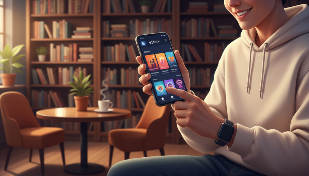 A vibrant digital illustration showcasing the concept of "eStory," featuring a sleek smartphone displaying a colorful app interface with stories and short novels. In the foreground, the smartphone is held by a person dressed in modern casual attire, intently engaged, with a look of delight on their face. The middle layer includes a cozy café setting with wooden tables and soft chairs, creating a relaxing atmosphere. In the background, warm ambient lighting fills the space, highlighting bookshelves filled with novels. The overall mood is inviting and imaginative, suggesting a world of storytelling at one's fingertips. The composition should use a slight depth of field, with the focus on the smartphone and person, blurring the café environment gently.