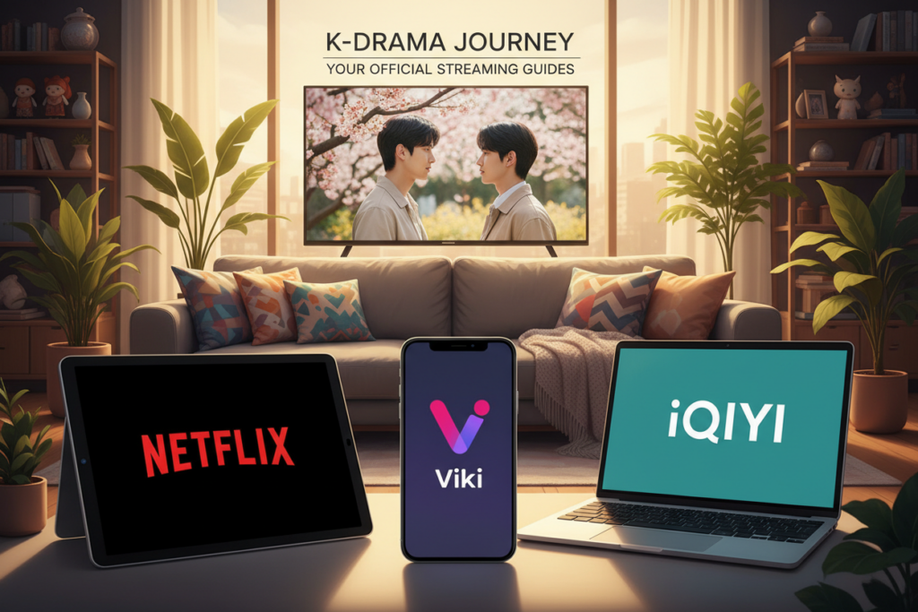 A vibrant digital illustration showcasing various official platforms for watching Korean dramas online. In the foreground, display icons or logos of popular streaming services like Netflix, Viki, and iQIYI on sleek devices such as smartphones, tablets, and laptops. The middle ground can feature a cozy living room setting with a comfortable couch, soft cushions, and a subtle indication of a TV screen displaying a captivating scene from a Korean drama. The background should include a warm, inviting atmosphere with soft lighting and decorations that evoke a sense of relaxation, such as houseplants and decorative shelves. Capture a mood of excitement and discovery, inviting the viewer to explore the world of Korean dramas. Use a slightly tilted angle to add a dynamic feel to the composition.