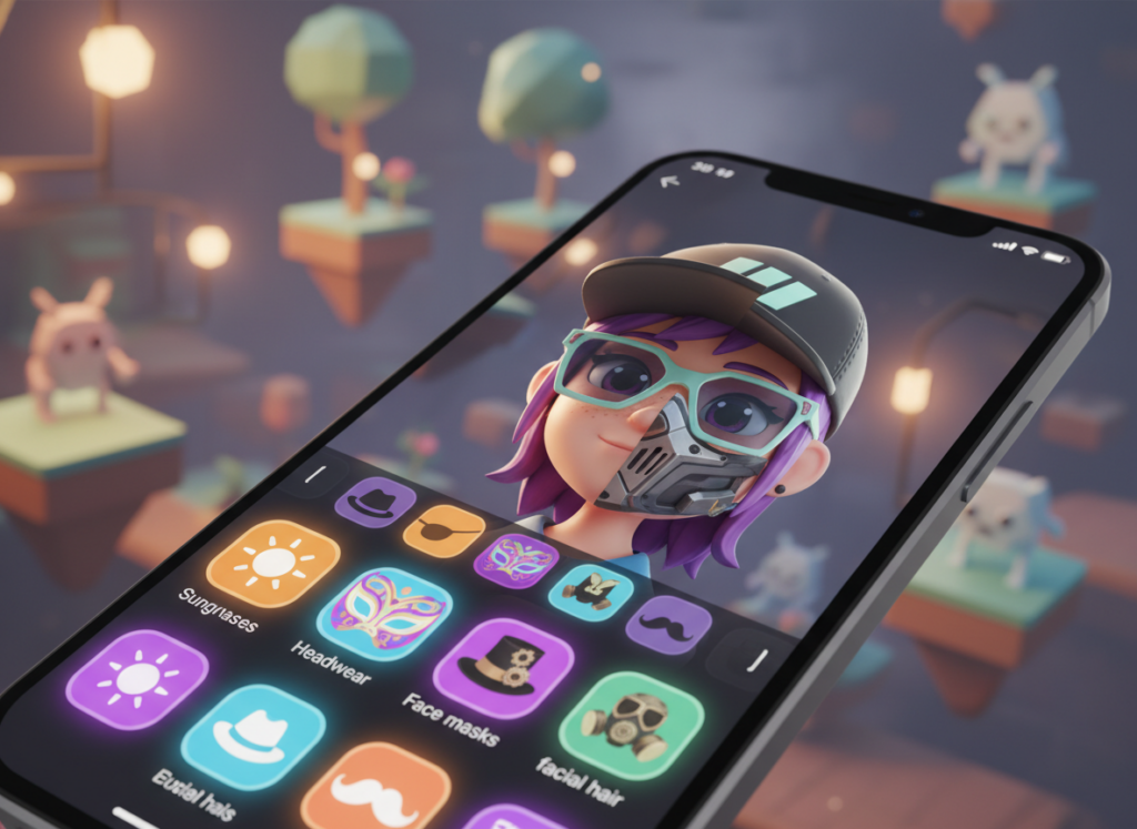 A vibrant display of a smartphone screen showcasing various applications designed for customizing avatars with face masks and accessories. The foreground features bright, colorful icons representing different customization features like sunglasses, hats, and unique masks. In the middle ground, a user interface displays a character being dressed up in different accessories, highlighting creativity and fun. The background is a blurred, imaginary gaming world that illustrates a playful atmosphere. Soft lighting illuminates the screen, creating a warm and inviting vibe. The overall mood conveys excitement and creativity, appealing to gamers looking to personalize their avatars in a lively, engaging environment. No text or logos are present, focusing solely on the customization experience.