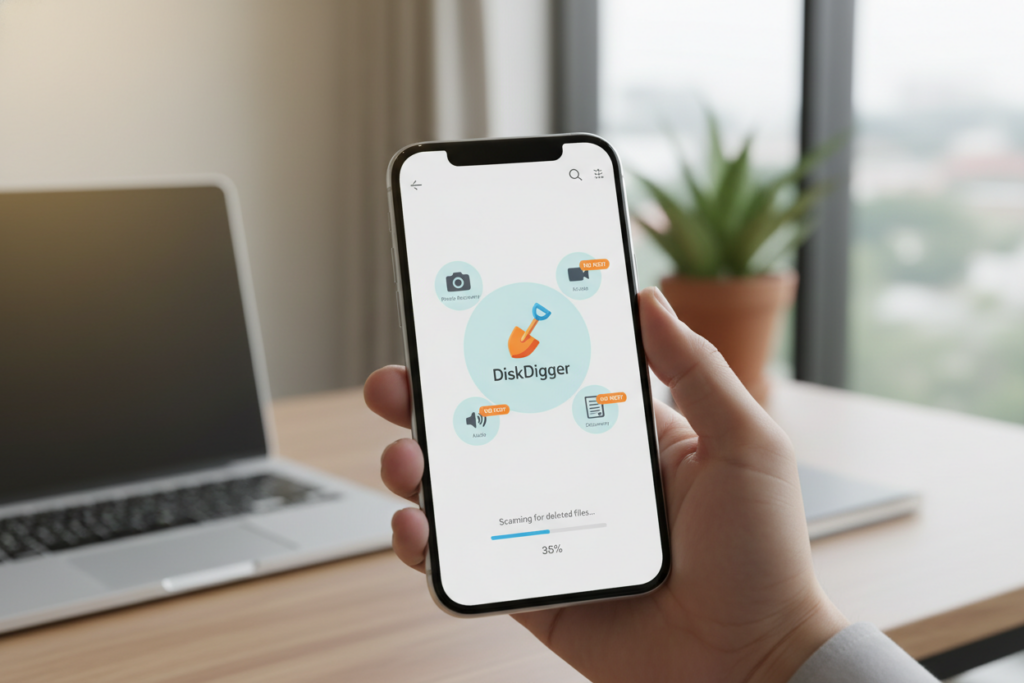 A vibrant, engaging depiction of the DiskDigger app interface as seen on a smartphone screen, set against a clean, modern background that accentuates the tech theme. In the foreground, a hand is gently holding the smartphone, displaying the DiskDigger logo prominently on the home screen, with visual icons representing file recovery features. In the middle ground, a softly glowing light illuminates the phone, creating a warm ambiance, while subtle reflections of the screen enhance the realism. The background consists of an elegantly blurred workspace with a desk, a laptop, and soft natural light streaming in, establishing a professional atmosphere. The overall mood is one of ease and efficiency, highlighting the simplicity and effectiveness of photo recovery without rooting for Android devices.