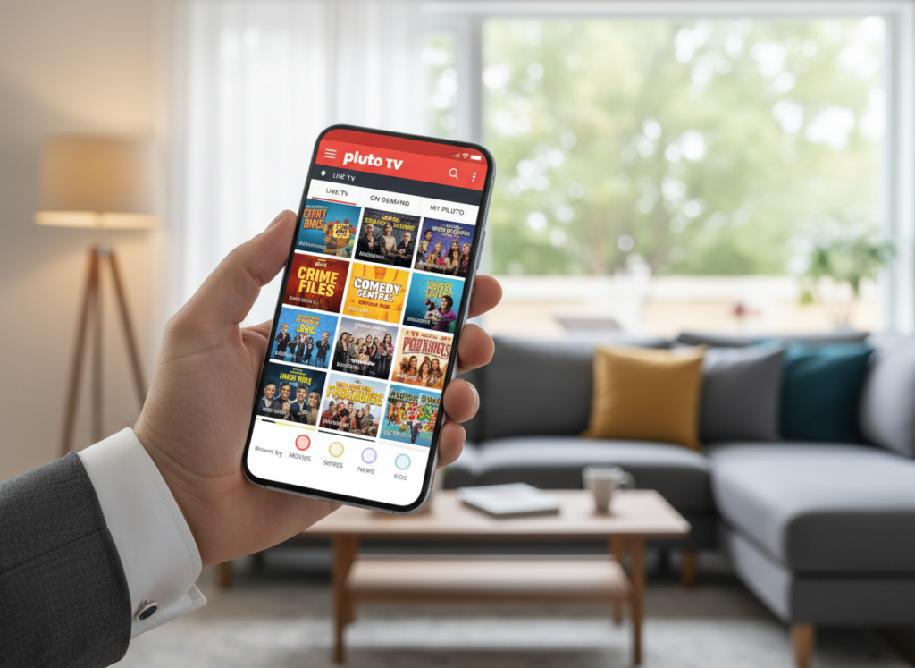 A vibrant, engaging smartphone screen displaying the Pluto TV app in action, showcasing various colorful show thumbnails and genre categories. In the foreground, the phone is held by a hand in professional business attire, indicating a user-friendly experience for adults. The middle ground features a blurred, cozy living room with a modern aesthetic, complete with a stylish couch and soft lighting creating a warm atmosphere. In the background, a window lets in soft daylight, hinting at an inviting outdoor scene. The image invokes a sense of relaxation and accessibility, emphasizing the joy of watching free TV on a mobile device. Ensure all elements are well-lit, with a focus on clarity and brightness to enhance the app's appeal.