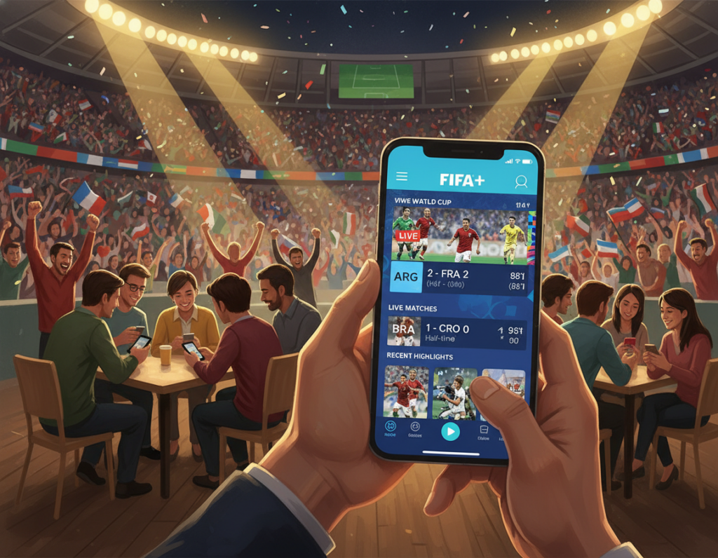 A vibrant illustration showcasing the FIFA+ app interface on a smartphone held in the foreground. The phone should display the FIFA+ logo prominently, with a colorful home screen featuring World Cup highlights and live match scores. The background features a stylized soccer stadium under bright floodlights, filled with cheering fans waving flags. In the middle ground, subtly blurred, are tables and chairs where casual viewers are watching matches on their devices, reflecting excitement and enthusiasm. The lighting should be warm, creating an engaging atmosphere that embodies the thrill of watching soccer. Use a slight angle from above to highlight the app’s user-friendly design while maintaining a focus on the smartphone and its screen. The feel should capture a sense of community enjoyment and access to soccer entertainment.