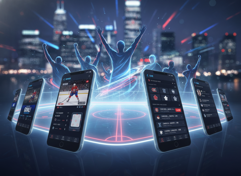 A vibrant, modern digital illustration showcasing a variety of mobile applications designed for streaming live sports, specifically focusing on hockey games. In the foreground, highlight distinct smartphone screens displaying intuitive app interfaces with hockey game graphics, statistics, and live feeds. The middle ground features abstract representations of cheering fans and a stylized ice hockey rink, emphasizing excitement and engagement. The background presents a dynamic, blurred city skyline at night, illuminated by colorful lights to create a lively atmosphere. Use soft, ambient lighting to enhance the modern feel, and apply a slight bokeh effect to the background to ensure the focus remains on the apps. The image should evoke energy and enthusiasm for sports viewing on mobile devices.