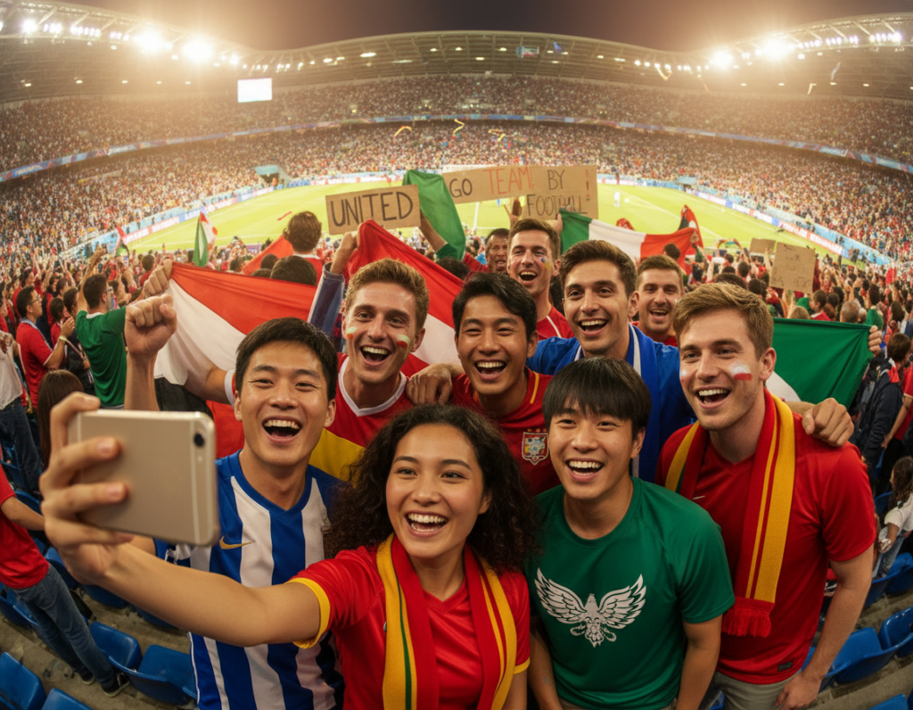 A vibrant scene capturing a joyful group of friends taking a selfie at a football stadium during a major international tournament. In the foreground, the friends, reflecting diverse ethnicities, are smiling and posing excitedly, dressed in casual team jerseys and fan gear. The middle ground showcases enthusiastic fans in the stands, waving flags and holding banners, emphasizing the electrifying atmosphere of the event. The background features a colorful stadium illuminated by bright floodlights, with a packed crowd and a glimpse of the football pitch. The lighting is warm and inviting, creating an uplifting mood. The camera angle is slightly tilted upward to convey energy and excitement, ensuring the focus remains on the group in the selfie. Emphasize the sense of camaraderie and passion for the sport.