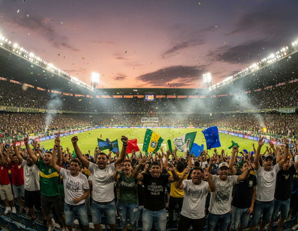 A vibrant scene capturing the essence of "desafio da arquibancada" during a festive atmosphere of a football match. In the foreground, a diverse group of enthusiastic fans, dressed in casual but modest attire, are cheering energetically, waving flags, and displaying various team colors. The middle ground features the stadium's grandstands filled with passionate supporters, holding banners and team paraphernalia, immersed in the excitement of the game. The background showcases a brightly lit stadium with dynamic spotlights illuminating the field, and the sky transitioning into twilight hues of orange and purple. The mood is electrifying and communal, evoking a sense of camaraderie and joy among fans. Use a wide-angle lens effect to capture the energy and scale of the event, ensuring the focus is sharp on the fans' expressions of excitement.