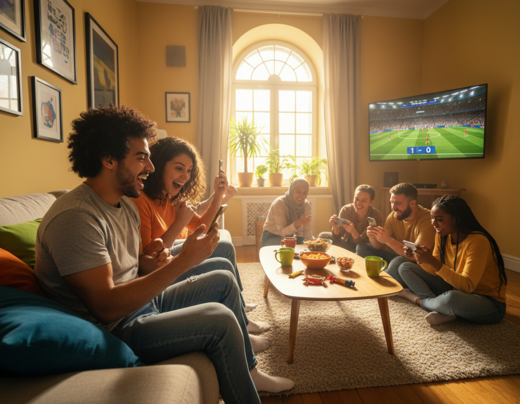 A vibrant scene depicting a diverse group of people enjoying a soccer match on their mobile devices in a cozy living room setting. In the foreground, a man and a woman sit on a comfortable sofa, both focused on their smartphones, expressing excitement and joy as they watch the game. The middle ground features a large window with soft natural light streaming in, illuminating the room. In the background, a TV is mounted on the wall, displaying a colorful football scene, enhancing the immersive atmosphere. The overall mood is lively and cheerful, encouraging camaraderie and sharing of the live soccer experience without any cost. The lighting is warm and inviting, highlighting the smiles and enthusiasm on the viewers' faces.