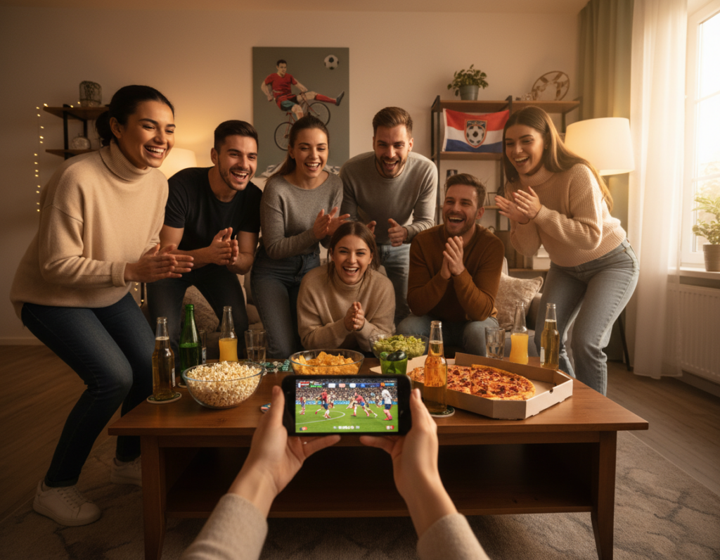 A vibrant scene depicting a modern living room where a diverse group of friends eagerly watches the FIFA World Cup on a sleek smartphone. In the foreground, the phone's screen glows with an exciting match, capturing the attention of everyone present. The friends, dressed in casual but tasteful clothing, show expressions of joy and excitement, with one person gesturing animatedly. In the middle layer, a stylish coffee table scattered with snacks and drinks enhances the atmosphere of camaraderie. The background reveals a cozy living room setting with soccer-themed decorations, including a wall poster and a small flag. Soft, warm lighting illuminates the space, creating an inviting and festive mood, as evening sunlight filters through the window, suggesting a celebratory ambiance surrounding the iconic sporting event.