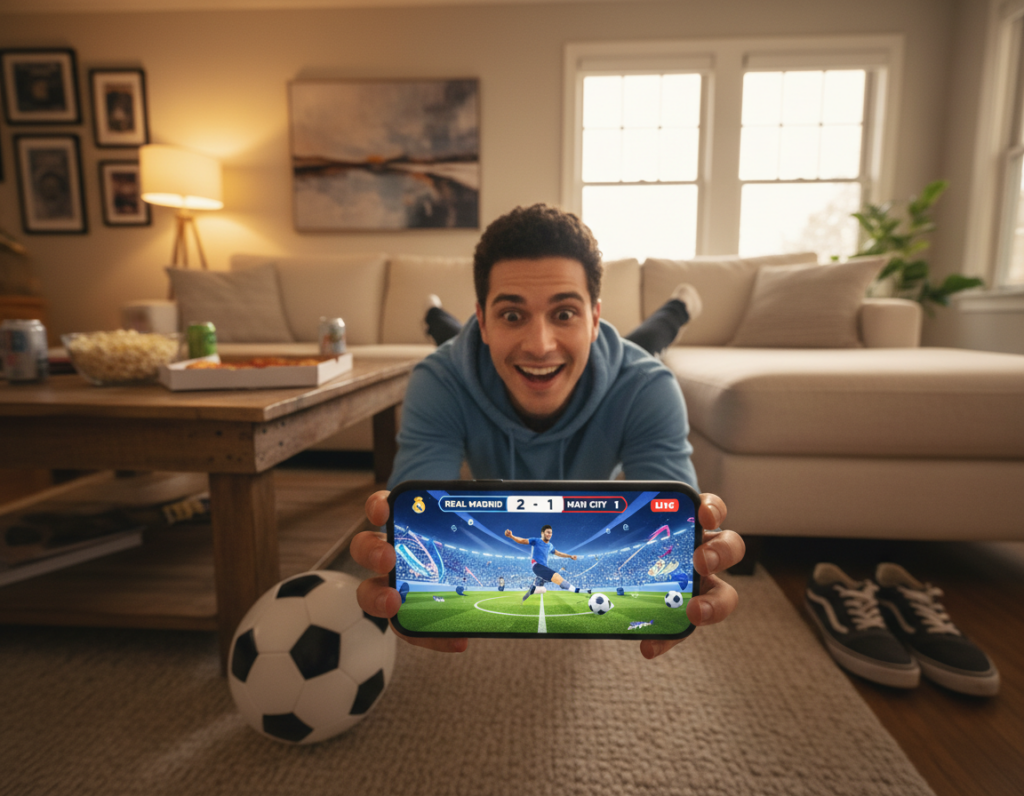A vibrant scene depicting a person sitting comfortably on a cozy couch, engrossed in watching a live football match on their smartphone. The foreground features a close-up of the phone’s screen displaying an exciting moment from a football game, with colorful graphics denoting a live score. In the middle, the individual, dressed in casual but neat clothing, shows visible excitement, with their eyes focused on the phone. The background reveals a warm living room setting with soft lighting, a coffee table with snacks, and a football on the floor, emphasizing a relaxed yet lively atmosphere. The overall mood is enthusiastic and engaging, capturing the joy of watching sports for free on mobile devices.