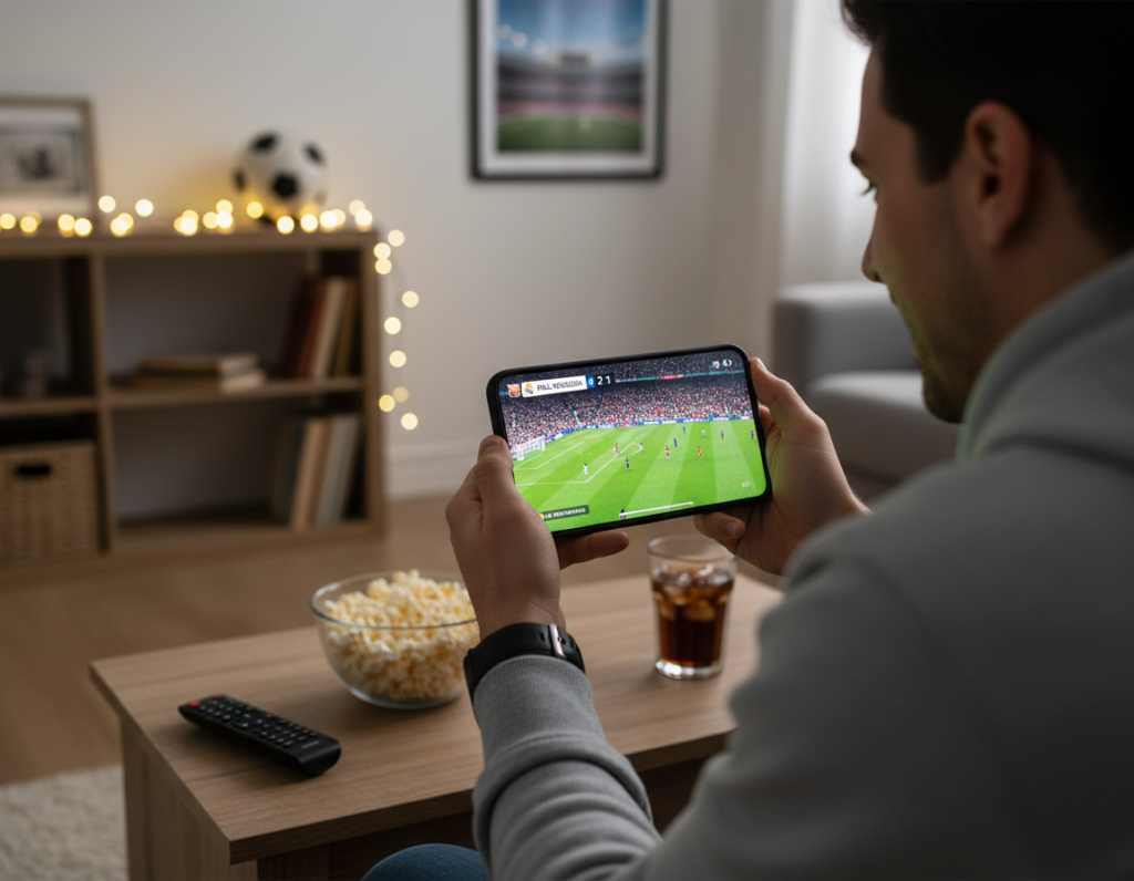 A vibrant scene depicting a smartphone displaying a live football match, held by a person in casual attire, sitting comfortably in a cozy living room. The foreground features the phone bright with vivid colors of a football game, emphasizing excitement and engagement. The middle ground shows the person with a focused expression, fully absorbed in the game, with a few snacks and drinks on a nearby table, enhancing the casual home environment. The background includes soft lighting that creates a warm, inviting atmosphere, with a football-themed wall art or poster subtly in view. Capture the lively yet relaxed mood of enjoying free online football with friends and family at home.