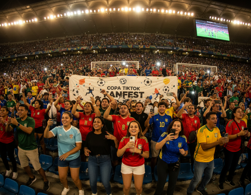 A vibrant scene depicting excited fans in a stadium's bleachers during a viral trend moment inspired by TikTok, showcasing the communal energy of a Copa event. In the foreground, a diverse group of people dressed in colorful jerseys and casual attire, enthusiastically capturing the moment on their smartphones, celebrating camaraderie. The middle ground features a vivid banner waving, displaying fun football-themed graphics, while fans cheer and engage with each other. In the background, the bright lights of the stadium illuminate the scene, casting a warm glow. The atmosphere is lively and joyous, capturing the essence of social media virality, excitement, and community spirit, framed with a slightly low angle for a dynamic perspective. The image is well-lit, emphasizing the energy and engagement of the fans.
