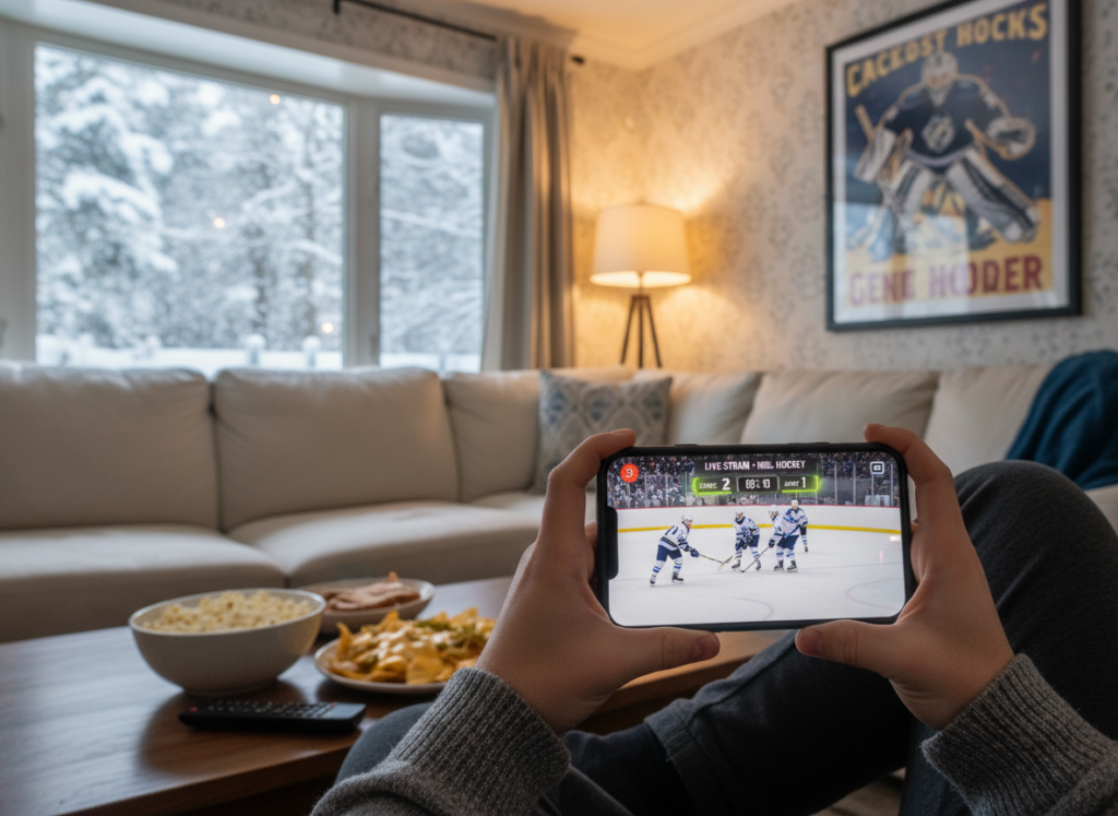 A vibrant scene showcasing a mobile phone displaying a live streaming NHL hockey game. In the foreground, the phone is held by a person dressed in casual, comfortable attire, with their fingers poised on the screen. The middle background features a cozy living room setting, complete with a soft couch, snacks on a coffee table, and a hockey-themed decoration on the wall to highlight the sports theme. In the far background, a large window shows a winter landscape, hinting at a snowy scene outside. The lighting is warm and inviting, with a soft glow emanating from a nearby lamp, creating a relaxed atmosphere. The mood is cheerful and engaged, capturing the excitement of watching hockey games from the comfort of home.