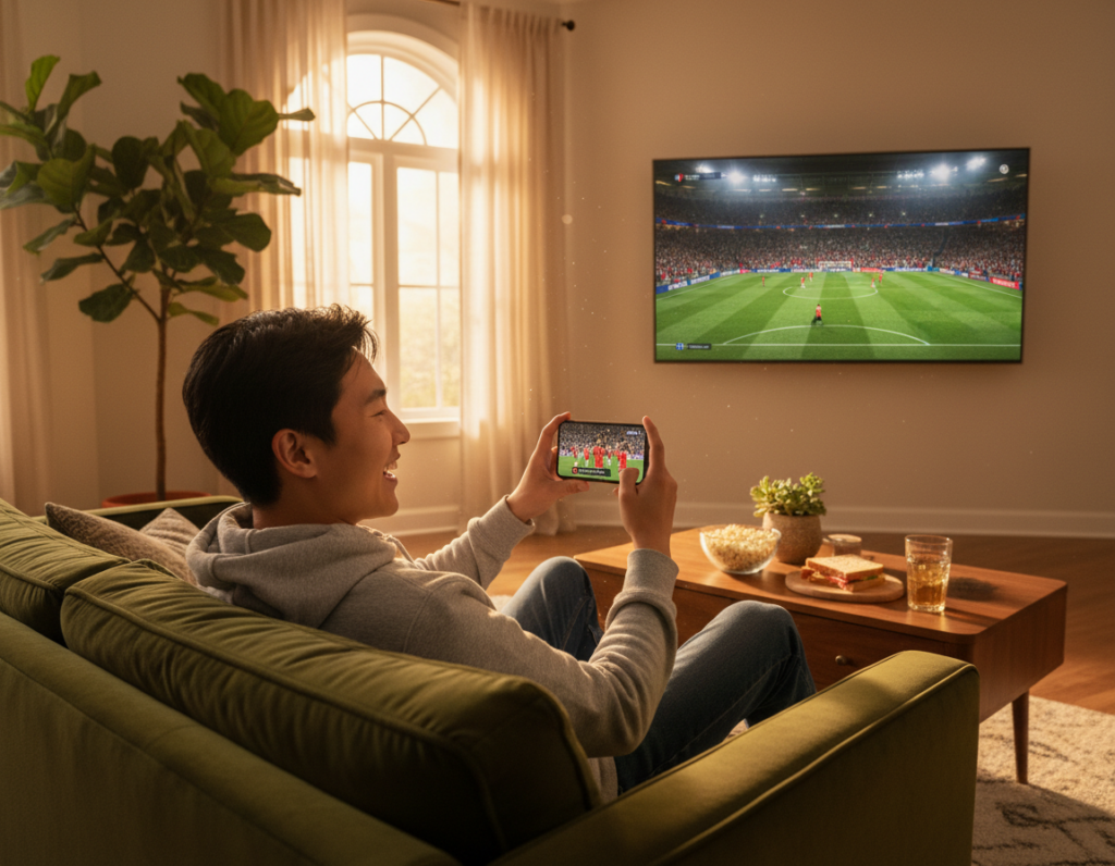 A vibrant scene showing a person of Asian descent sitting comfortably on a sofa, engaging with a smartphone to watch a live soccer match. In the foreground, the individual is beaming with excitement, wearing casual yet tidy clothing, holding the phone with game highlights displayed on the screen. The middle ground contains a stylish living room with a large window letting in warm, natural sunlight, complemented by potted plants and a small snack table, creating a cozy atmosphere. In the background, a television is visible, featuring a soccer game and lively crowd. The warm lighting casts a cheerful glow over the room, evoking a sense of enthusiasm and joy surrounding the World Cup viewing experience.