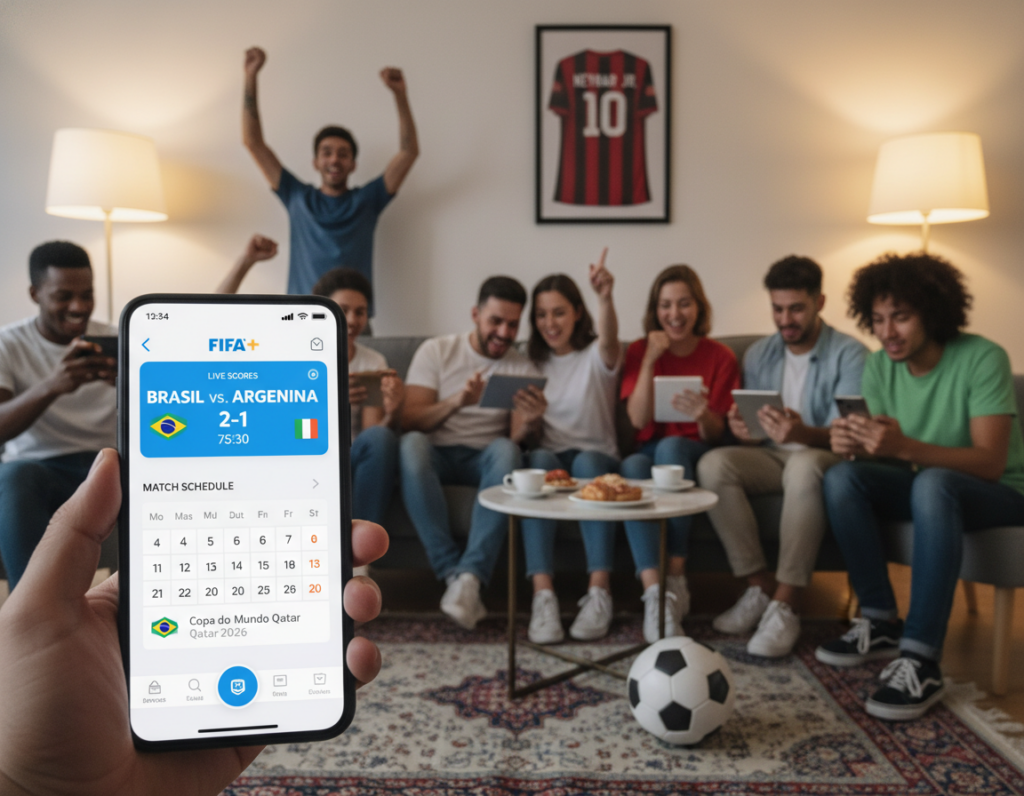 A vibrant smartphone displaying the FIFA+ app interface, located in the foreground, with a clean, modern design showcasing key features like live scores and match schedules. In the middle ground, an elegantly designed background suggesting a cozy living room or café setting, where fans are excitedly watching a soccer game on their devices. Soft, warm lighting emanates from either side, enhancing the inviting and engaging atmosphere. There are subtle soccer-themed decorations, like a ball or a jersey, to represent the spirit of the Copa do Mundo. The overall mood is energetic and lively, emphasizing the convenience of streaming matches on mobile devices. The image captures a moment of anticipation and excitement among sports enthusiasts.