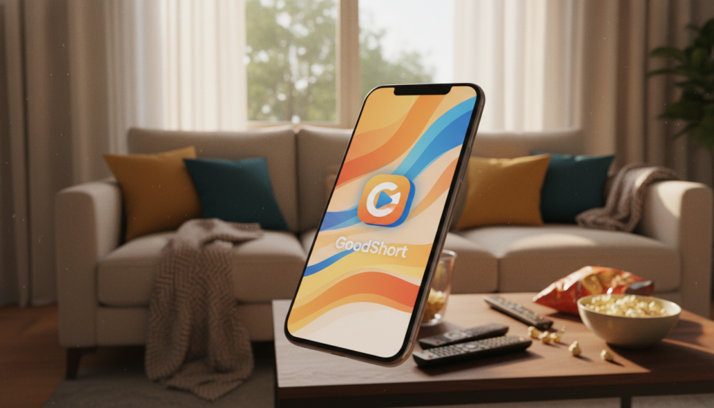 A vibrant smartphone displaying the "GoodShort" app icon on its screen, prominently shown in the foreground, with a crisp and modern design. In the middle ground, a cozy living room scene unfolds, with a comfortable couch and a stylish coffee table littered with remote controls and snacks, evoking a sense of relaxation. The background showcases a softly lit window with sheer curtains, allowing warm sunlight to filter through, creating a welcoming atmosphere. The overall mood is inviting and cheerful, capturing a casual afternoon vibe. Emphasize rich colors and sharp details as if viewed through a 35mm lens, with a slight focus on the phone while the room remains aesthetically pleasing yet slightly blurred for depth.