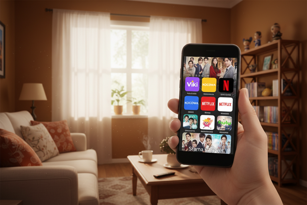 A vibrant smartphone screen displaying various popular streaming apps for Korean dramas, set against a cozy living room backdrop. In the foreground, the phone is held by a hand, showcasing a colorful collage of app icons like 'Viki', 'Kocowa', and 'Netflix'. The middle layer features the warm ambiance of the living room with comfortable furniture, soft cushions, and a decorative shelf lined with Asian drama DVDs. In the background, a window with sheer curtains lets in soft, natural light, creating a relaxed atmosphere. The scene conveys a sense of leisure and modernity, inviting viewers to enjoy seamless mobile streaming experiences. Use a warm color palette to enhance the comforting mood.