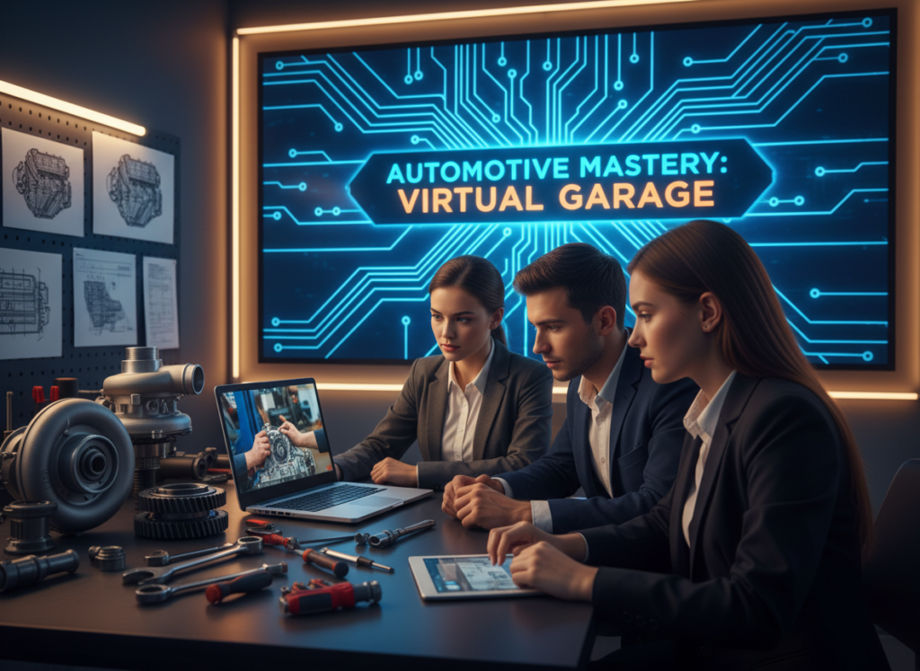 A virtual classroom setting showcasing an engaging online automotive mechanics course. In the foreground, a diverse group of three students, dressed in professional business attire, are attentively watching a laptop displaying a video tutorial on automotive repair. The middle ground features a well-organized workspace with car parts, tools, and diagrams of engines and transmissions for visual context. The background displays a large digital screen featuring the course title in an innovative design, illuminated by soft, ambient lighting that conveys a warm and inviting atmosphere. The overall mood is energetic and educational, with bright colors that inspire motivation and learning. Use a wide-angle lens to capture the entire scene, emphasizing the connection between the students and their learning environment.