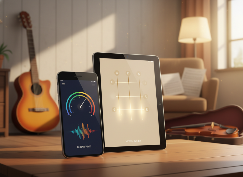 A visually appealing digital illustration showcasing a smartphone and tablet side by side, featuring prominent tuning apps for guitar and violin on their screens. In the foreground, the smartphone displays a colorful app interface with pitch indicators and sound wave visuals, while the tablet shows an elegant user interface with string tuning options. The background is a blurred cozy home environment that suggests a music practice space filled with soft lighting, highlighting musical instruments like a guitar and a violin leaning against a wall. The overall mood conveys creativity and inspiration, inviting musicians to engage with their instruments using modern technology. The composition should have warm tones to create a welcoming atmosphere.