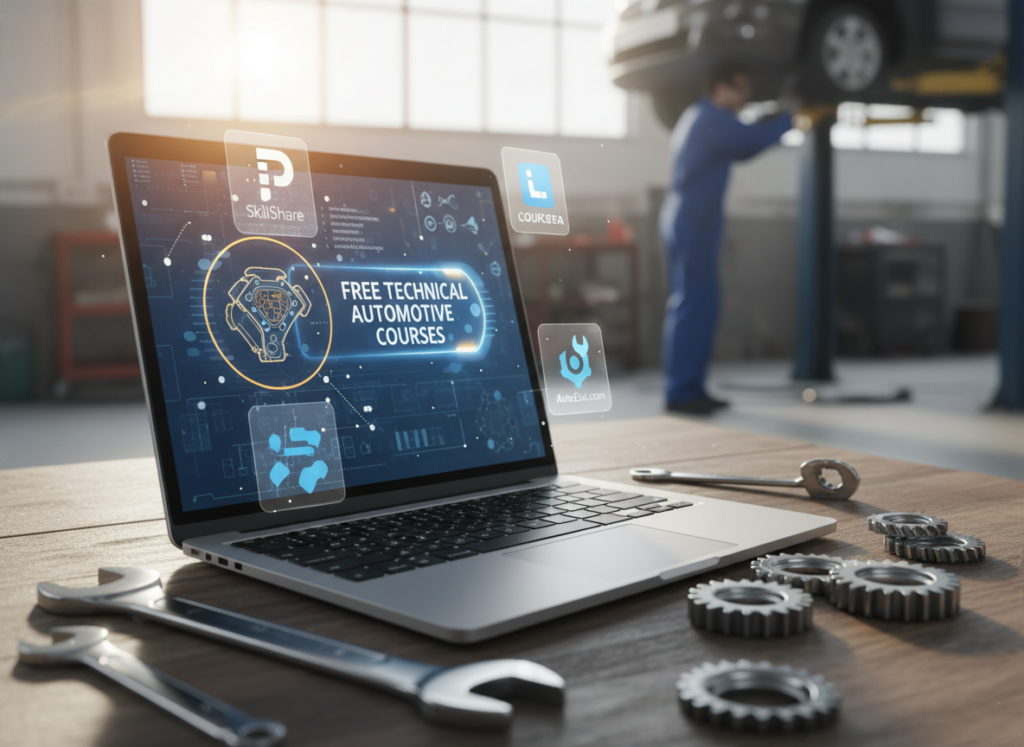 A visually engaging composition showcasing various online platforms offering free technical automotive courses. In the foreground, a sleek laptop displays vibrant course material related to automotive mechanics. Surrounding the laptop, tools like wrenches and gears symbolize the mechanical aspect of the training. In the middle ground, digital icons representing popular online learning platforms appear, subtly integrated into the design. The background features a soft-focus image of a workshop with a mechanic working on a car, highlighting a professional learning environment. The lighting is bright and inviting, suggesting a sense of opportunity and growth. The overall atmosphere conveys motivation and accessibility in automotive education, ideal for aspiring technicians. A visually engaging composition showcasing various online platforms offering free technical automotive courses. In the foreground, a sleek laptop displays vibrant course material related to automotive mechanics. Surrounding the laptop, tools like wrenches and gears symbolize the mechanical aspect of the training. In the middle ground, digital icons representing popular online learning platforms appear, subtly integrated into the design. The background features a soft-focus image of a workshop with a mechanic working on a car, highlighting a professional learning environment. The lighting is bright and inviting, suggesting a sense of opportunity and growth. The overall atmosphere conveys motivation and accessibility in automotive education, ideal for aspiring technicians.