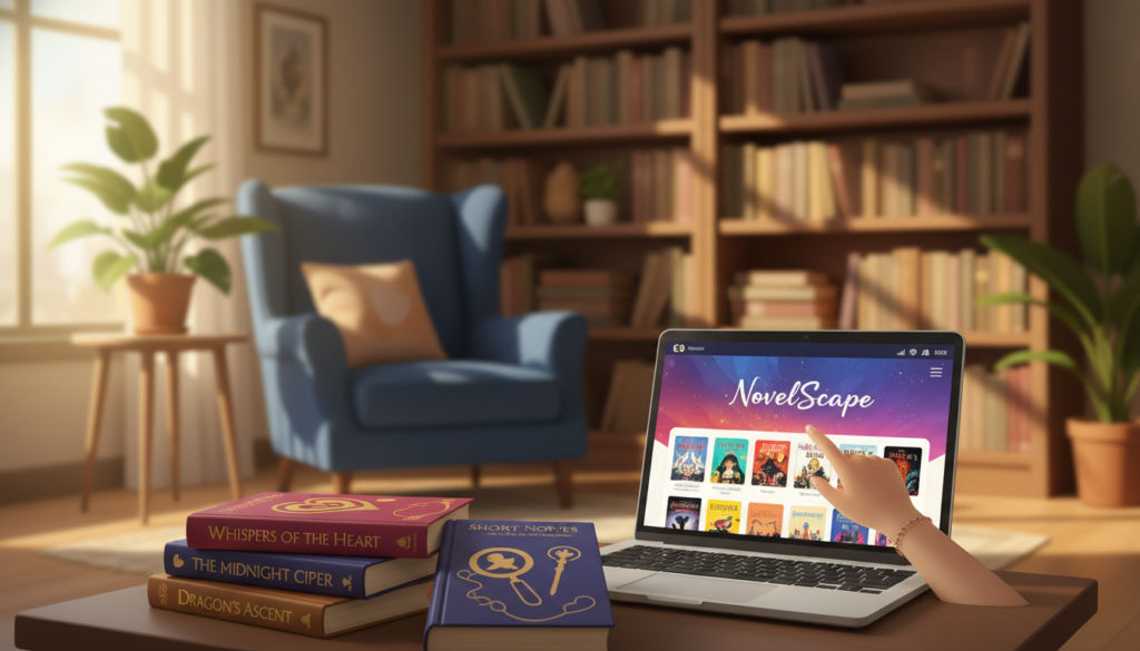 A visually engaging illustration of the theme "Exploring Genres and Narratives of Short Novels." In the foreground, a stack of colorful short novels, showcasing diverse genres like romance, mystery, and fantasy. In the middle ground, an open laptop displaying a vibrant interface of a mobile app for watching short novels, with a hand interacting with the screen. The background features a cozy reading nook with warm lighting, a bookshelf filled with books, and plants that add a touch of tranquility. Soft sunlight pours in through a window, casting gentle shadows. The mood is inviting and contemplative, reflecting a world of storytelling and imagination. The scene should have a slight depth of field to focus on the books and laptop while blurring the background slightly, creating a peaceful atmosphere for readers and viewers.