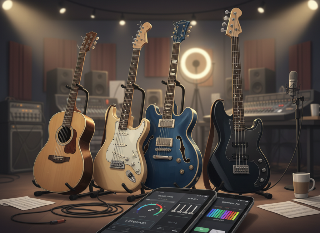 A visually engaging illustration showcasing a variety of guitar and bass tuning methods, arranged in a well-organized manner. In the foreground, display several musical apps on a smartphone screen with clear interface details. A beautifully arranged array of acoustic and electric guitars in different colors and styles fills the middle ground, each with visible tuning pegs. The background features a soft-focus music studio ambiance, with warm lighting illuminating the instruments. The atmosphere should feel inviting and creative, evoking a sense of inspiration for musicians. The scene should be captured from a slightly elevated angle, creating depth, while maintaining a professional, clean aesthetic without any text or branding.